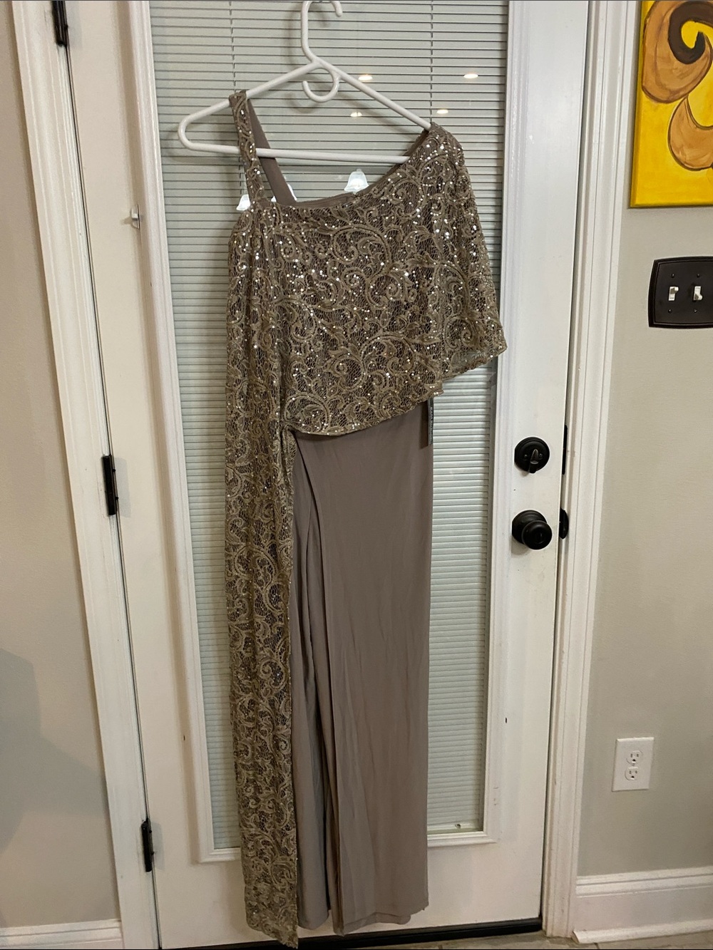 One-Shoulder Taupe Evening Dress with Sequin Overlay